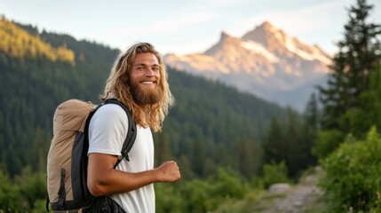 Obraz premium Long-haired male backpacker posed in rugged mountain landscape.
