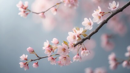 Obraz premium Cherry blossoms on a branch with a soft, blurred background. Springtime, nature, blooming flowers. The image highlights floral beauty and seasonal change.