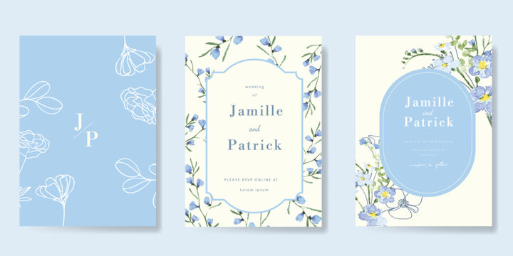Wedding invitation card background vector. Blue beautiful hand drawn flower with watercolour and line art.Floral card template Design for wedding, vip cover template, rsvp modern card, poster.