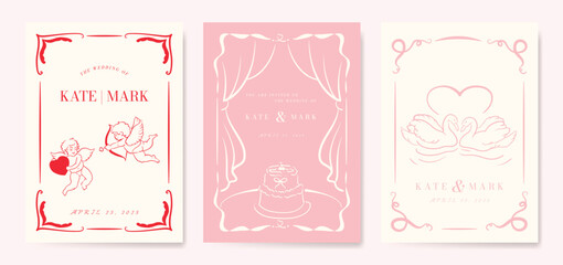 Wedding invitation card background vector. Minimal hand drawn cupid, wedding cake, swans and ribbon frame. Card template Design for wedding, vip cover template, rsvp modern card, poster. © babeer