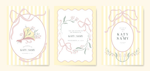 Wedding invitation card background vector. Minimal pastel hand drawn flower, bouquet and ribbon frame. Cottage Design for wedding, vip cover template, rsvp modern card, poster.