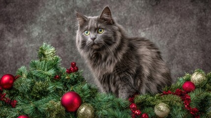Long-haired gray tabby cat sitting among festive green pine branches with red and gold Christmas ornaments