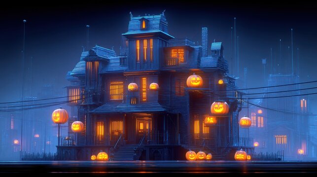 A spooky, illuminated mansion adorned with glowing pumpkins, set against a dark, atmospheric backdrop, perfect for Halloween-themed imagery.