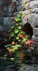 Naklejka premium Stone wall, flowers, water, sunlight, nature