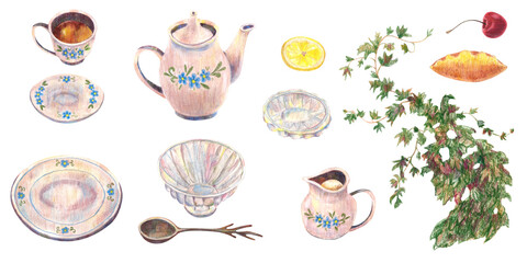 Pink teapot and cup with plate, milk jug, glass crystal jar, spoon lemon slice, pie and red ripe cherry, green ivy flowers. Watercolor set. For tea party, vintage kitchen table, menu design clip art