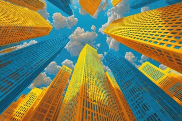 Vivid, upward view of a city of towering, colorful skyscrapers