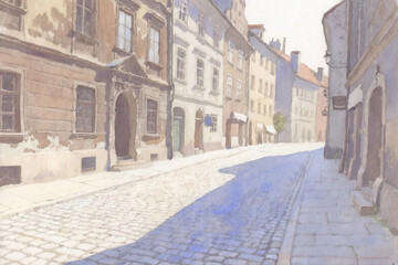 Obraz premium Watercolor illustration of European old town street, hand-drawn sketch with soft shadows