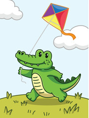 Happy cartoon alligator running with a colorful kite in the sky