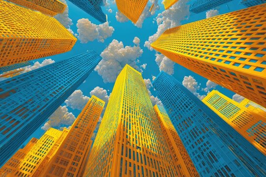 Vivid, upward view of a city of towering, colorful skyscrapers
