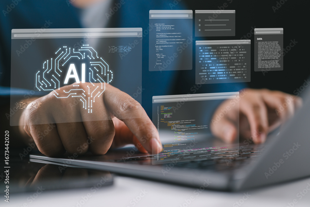 Aufkleber ai technology, artificial intelligence in work to help maximize efficiency, a person uses ai technol