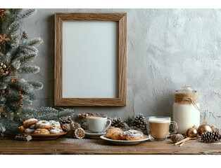  christmas and new year-themed photo frame mockup with an empty wooden picture frame on the wall. next to it is a table decorated for christmas with coffee cups, pastries, milk jugs, pine cones, snowm