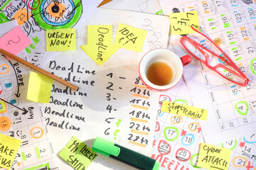Calendar with business appointments and deadlines,pens,coffee cup and spectacles, monthly schedule....