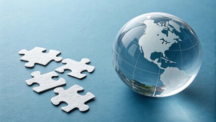 Glass Globe and Puzzle Pieces on Blue Background earth