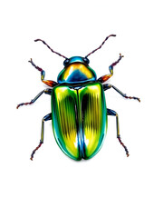 Naklejka premium A vibrant watercolor painting depicts a detailed jewel beetle with iridescent green and yellow elytra on a white background.