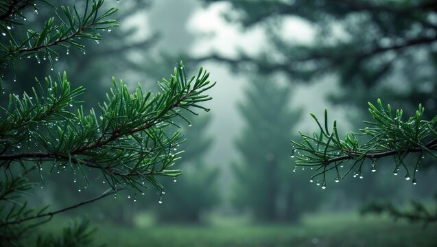 Lush green pine branches with dew drops in a foggy forest setting. Nature, greenery, and tranquility. Forest environment, peaceful landscape, natural scenery.