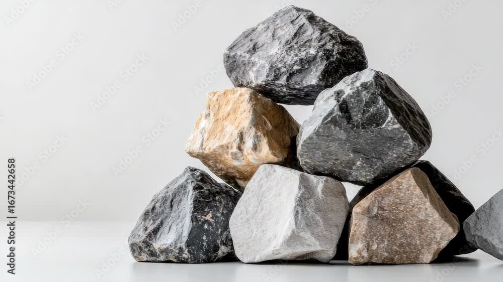 Poster stack of various colored rocks arranged on light surface