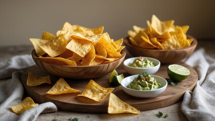 Bowl of crispy tortilla chips with lime wedges and guacamole on a wooden tray, served as a snack or appetizer.