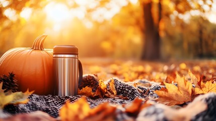 Jack-o'-lantern and thermos on cozy blanket in autumn forest with glowing embers - perfect for seasonal ads, fall picnic promotions