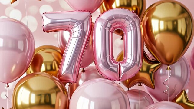 Shimmering pink and gold balloons celebrating a festive occasion with number 70