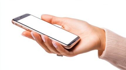 Mobile phone with blank white screen held by woman.