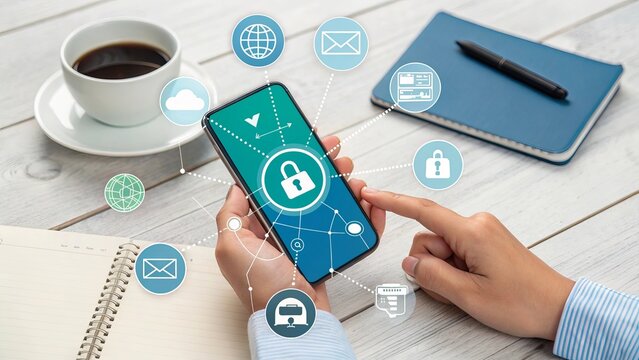 Person using smartphone with security icons and coffee