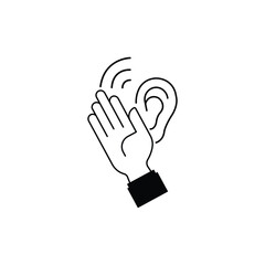 Cover your ear with your hand. Not to hear. Ignore the request. Vector linear icon isolated on white background.