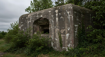 Weathered Concrete Bunker with Firing Slit Amidst Green Overgrowth
