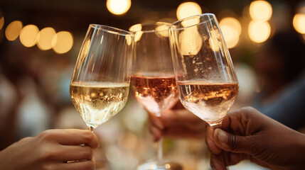 Three diverse hands making festive toast with elegant wine glass. joyful celebration of friendship and togetherness with alcohol at party with warm, bokeh background