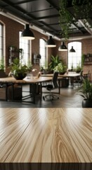 A wooden table with a black chair in front of it