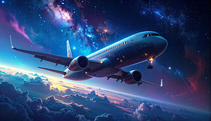 Obraz premium Conceptual surreal airplane flying through starry cosmic sky on fantasy journey. Wondrous travel through galaxy of nebula and cloud in vibrant, dreamlike universe