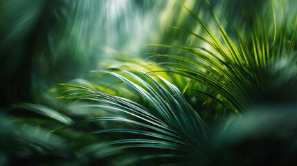 Lush tropical foliage in green jungle creates serene and abstract nature background. soft focus on plant leaf evokes peaceful and mysterious feeling of tranquility