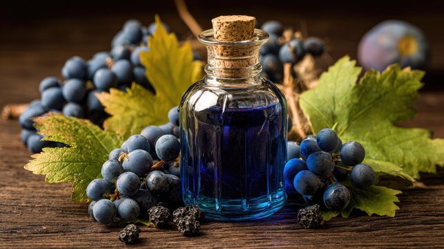 Dark-blue grape elixir in glass bottle, surrounded by fresh grapes and leaves