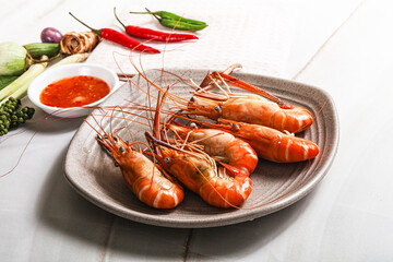 Boiled tiger prawn with sauce