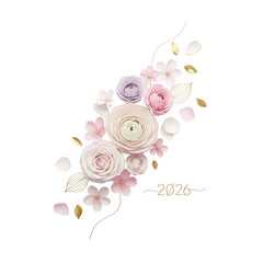 Elegant Floral New Year 2026 Greeting with Pastel Flowers on White Background.