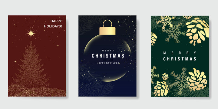 Christmas and Happy Holidays invitation card design vector. Christmas tree, bauble ball, pine cone, snowflake on red, navy blue and green background. Winter Design for Season's Greeting, cover.