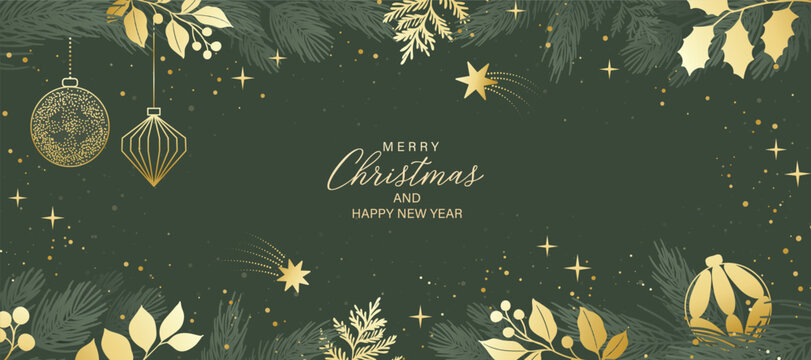 Christmas and Happy Holidays background design vector. Pine leaves, bauble ball, ornament, meteor on green background. Winter Design for Season's Greeting, Christmas, cover, banner, ads. - Powered by Adobe