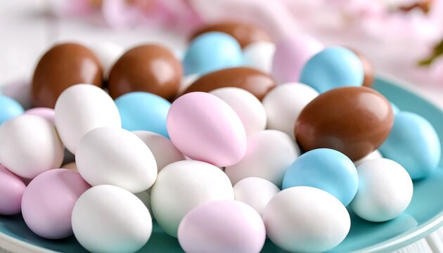 Colorful chocolate eggs on a plate