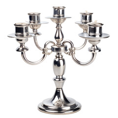 Elegant silver fivearm candelabra with lit candles, isolated on transparent background