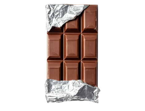  a chocolate bar with foil wrapped around it, on a white background, an isolated image of the product, a cutout photo, top view, isolated on all edges, professional photography, high resolution, high 