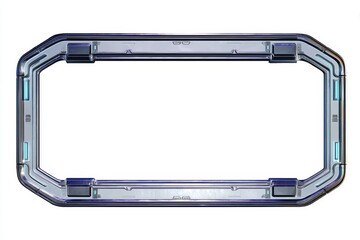 Front view of a cold steel spaceship window frame with rounded edges, industrial sci-fi design, empty interior, isolated on solid white background, high-detail futuristic spacecraft hull concept
