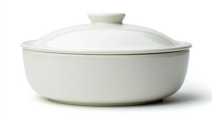 Clean white ceramic casserole dish with lid for cooking, simple and elegant piece of kitchenware. Isolated on white background, this round pot exudes sense of calm