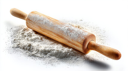 Classic wooden rolling pin with light dusting of flour, traditional kitchen utensil for cooking and baking dough, evoking sense of homemade comfort and preparation