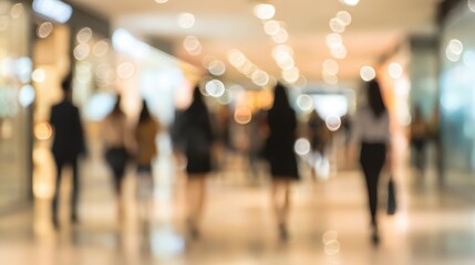 Blurred busy indoor shopping mall with people walking and shopping in bright well-lit environment
