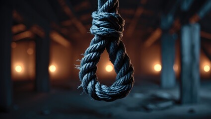 A noose hanging in a dark, empty space with warm lighting in the background.