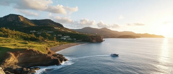 Highangle capture of sunset waves reaching a coastal edge under fading light.
