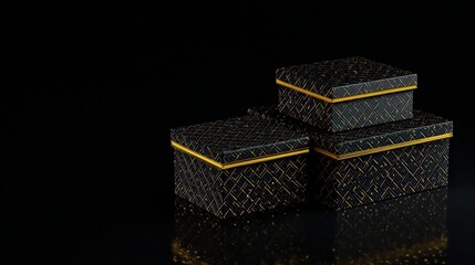 Obraz premium Elegant black and gold rectangular gift boxes with intricate geometric patterns and glossy finish for special occasions