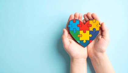 Hands holding puzzle heart with autism awareness, love, care, understanding, and blue background.