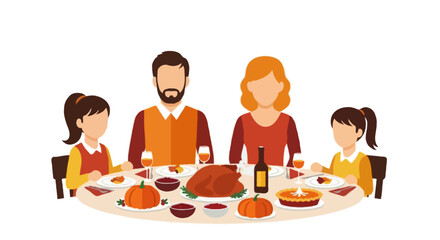 Flat vector illustration of family sitting around table enjoying Thanksgiving dinner. Simplified flat design, warm solid colors, isolated on white background