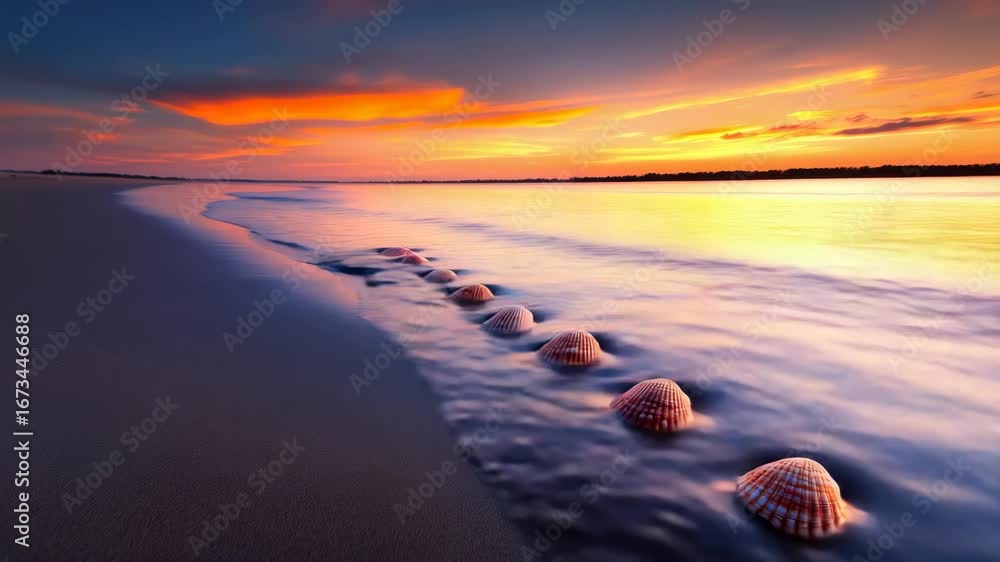 Poster sunset on calm beach with shells arranged in line along shore