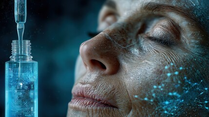 Transparent Skincare Serum Bottle with Digital Circuit and Facial Closeup